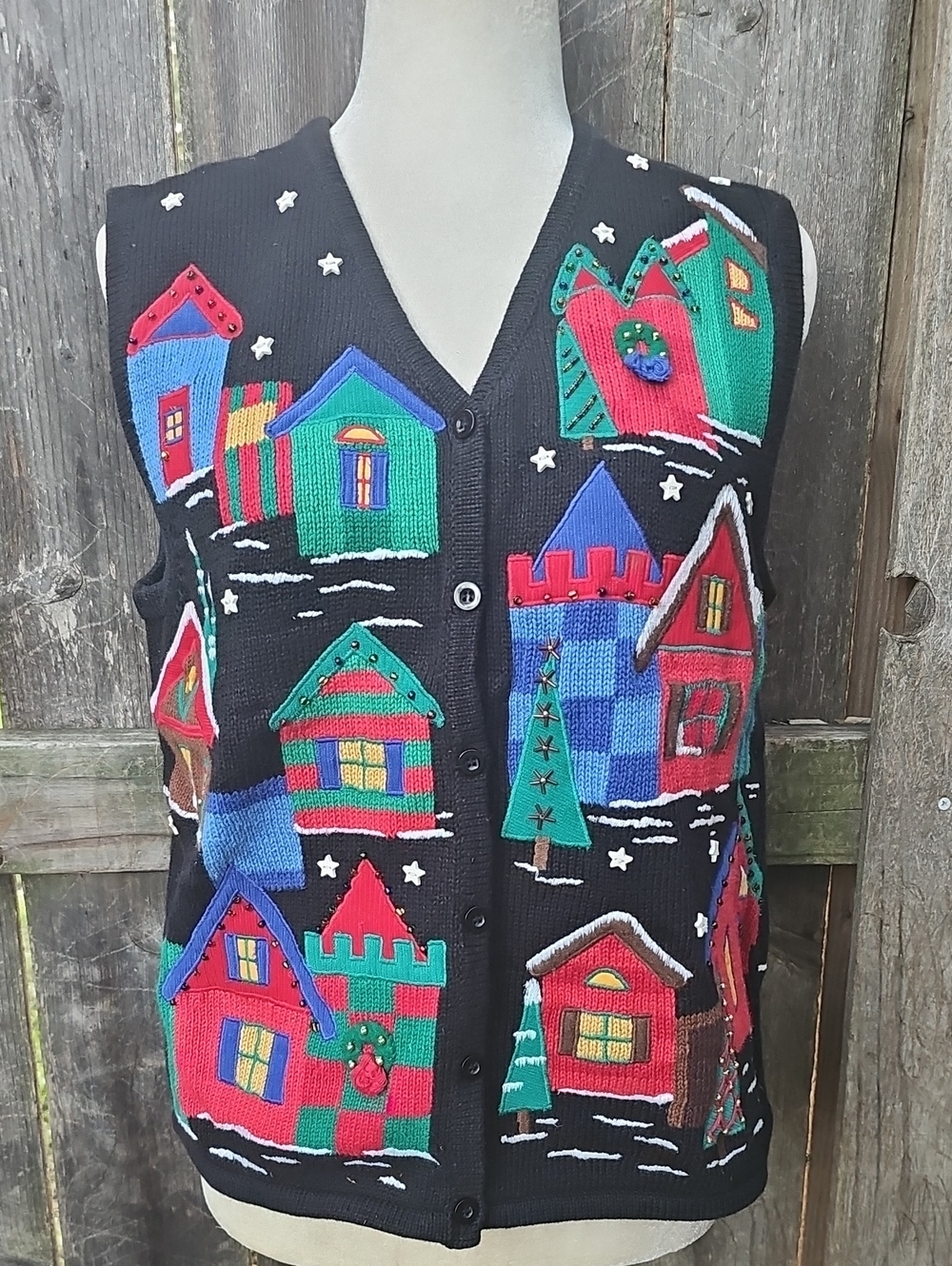 Sharon Young Black Holiday Village Sweater Vest Christmas M